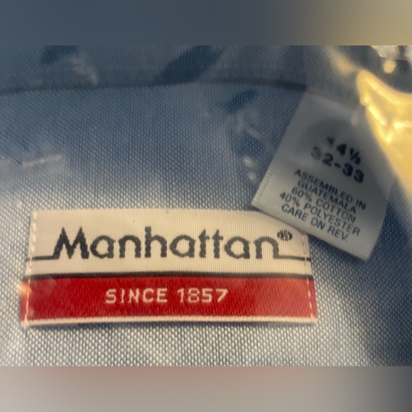 Manhattan Men's Lightweight Button Front Dress Shirt Long Sleeve Blue Size 14.5 - Picture 7 of 7